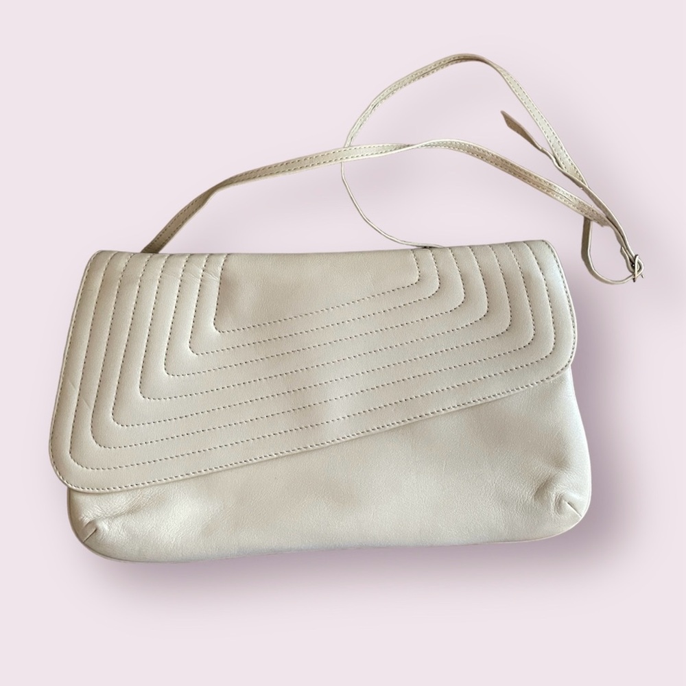 Cream Leather Clutch Purse Handbag Adjustable-Length Shoulder Strap Vintage